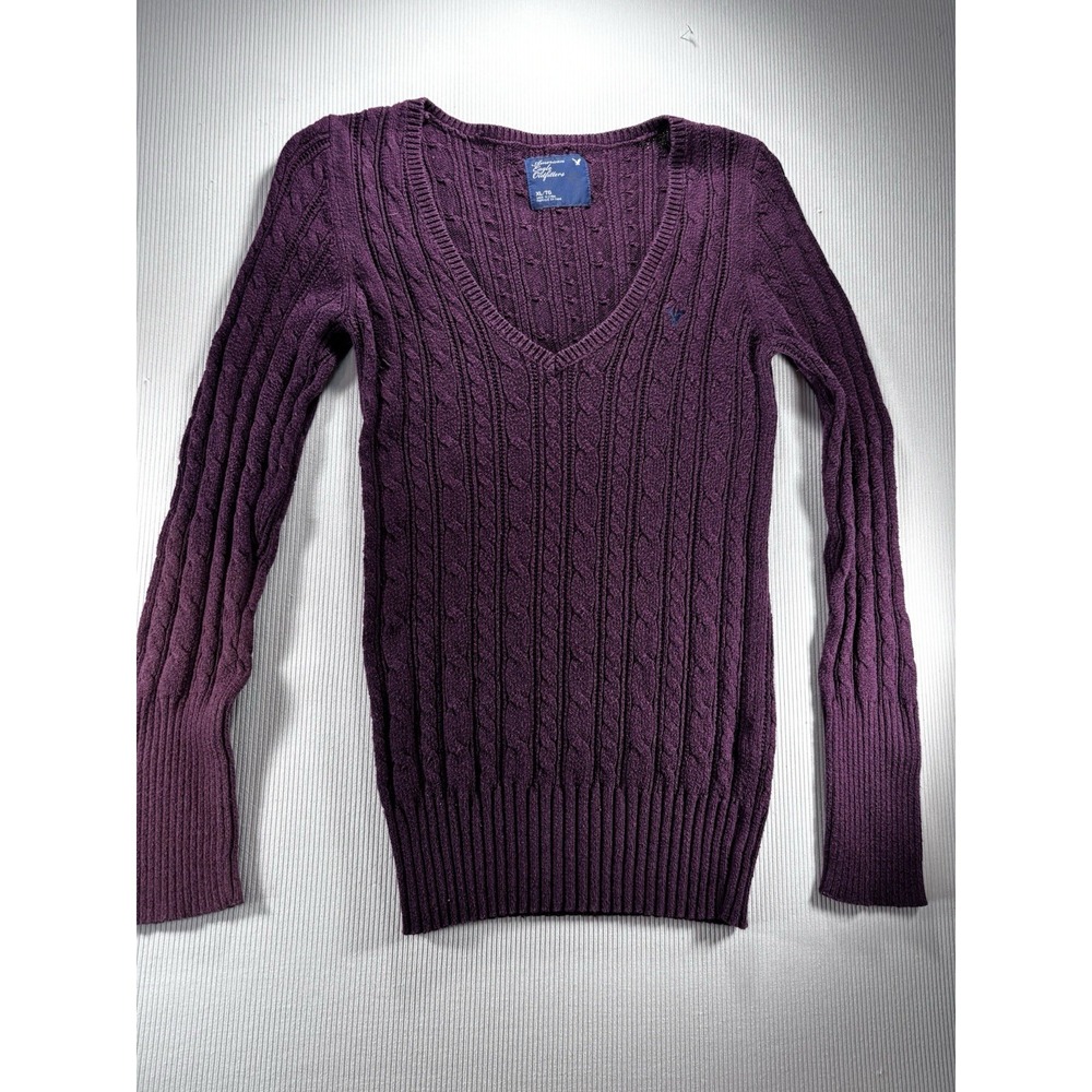 American Eagle Sweater XL Plum Deep V‎ Neck Cable Knit Wool Blend VTG Y2K Bella